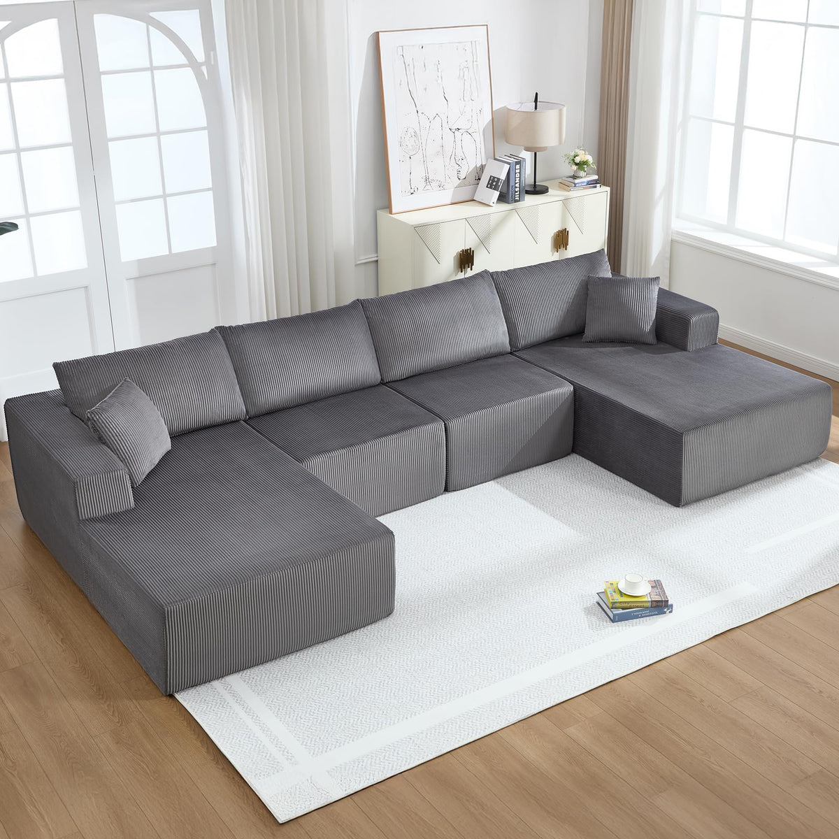 U-Shape Sectional Couch for Living Room,4 Seater Boneless Sofa Couch for Living Room Bedroom Apartments,146" Modular Sectional Corduroy Couch with Deep Seat,No Assembly Green