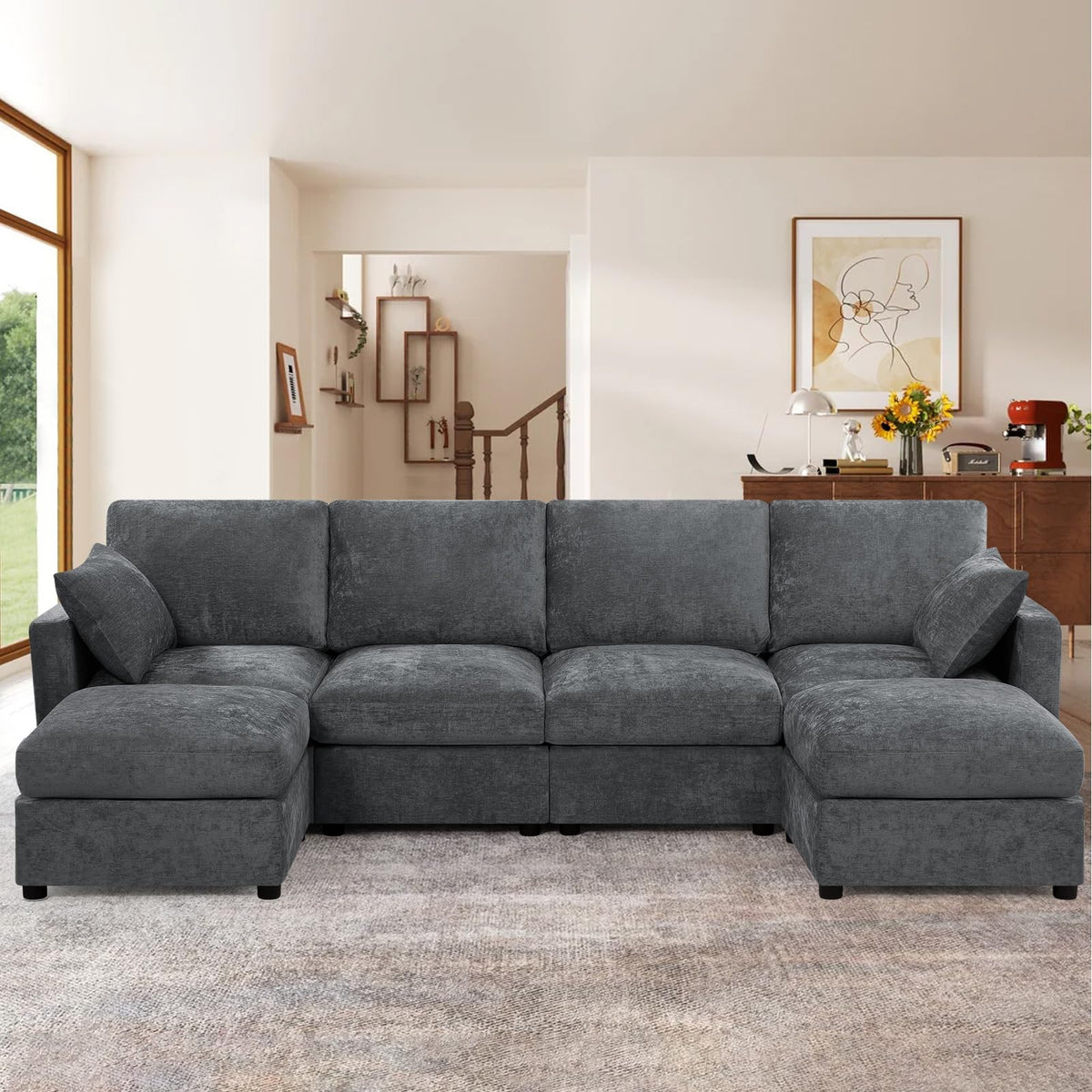 110" Chenille 4 Seats Couch with 2 Ottomans, Black
