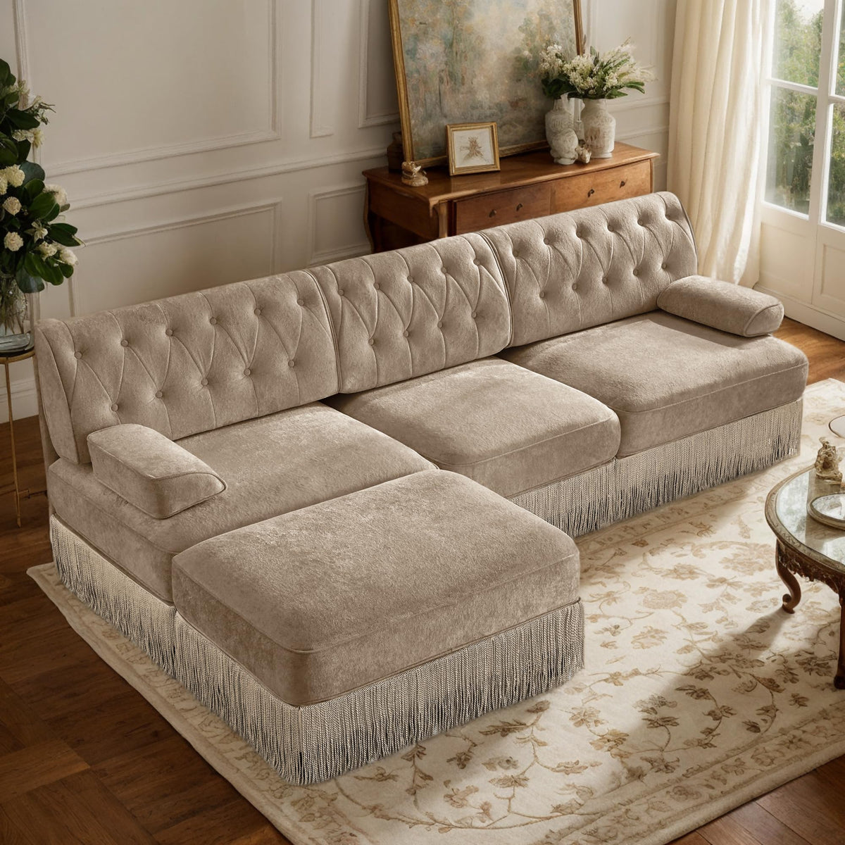 106'' Modern Chesterfield Style 3-Seater Sofa with 2 Ottoman, Upholstered Velvet Modular Sectional Sofa with Button Tufted, U Shape Deep Seat Cloud Sectional Couches for Living Room (Green)