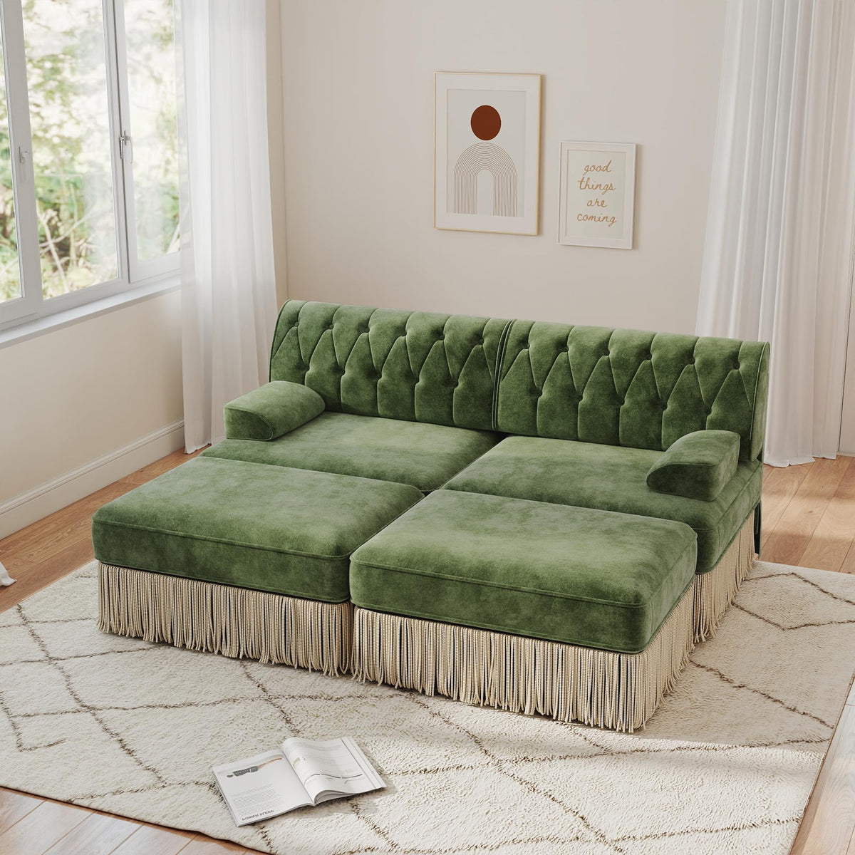 Unique Chesterfield Style Modular Sectional Sofa, 135.6” L-shaped Boneless Sofa with Velvet Fabric, Floor-grazing Tassel Fringe Skirt and Button Tufted Design for Living Room, Easy to Assemble, Beige