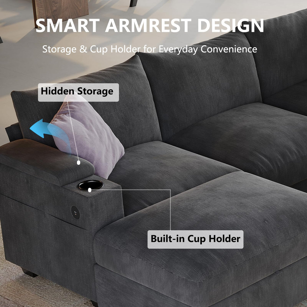 107.1" L-Shaped Modular Sectional Sofa with Storage Ottomans, 6-Seat Deep Seat Sofa with Armrest Storage, Cup Holders & USB Type-C Charging, Sectional Couches for Living Room (Grey)