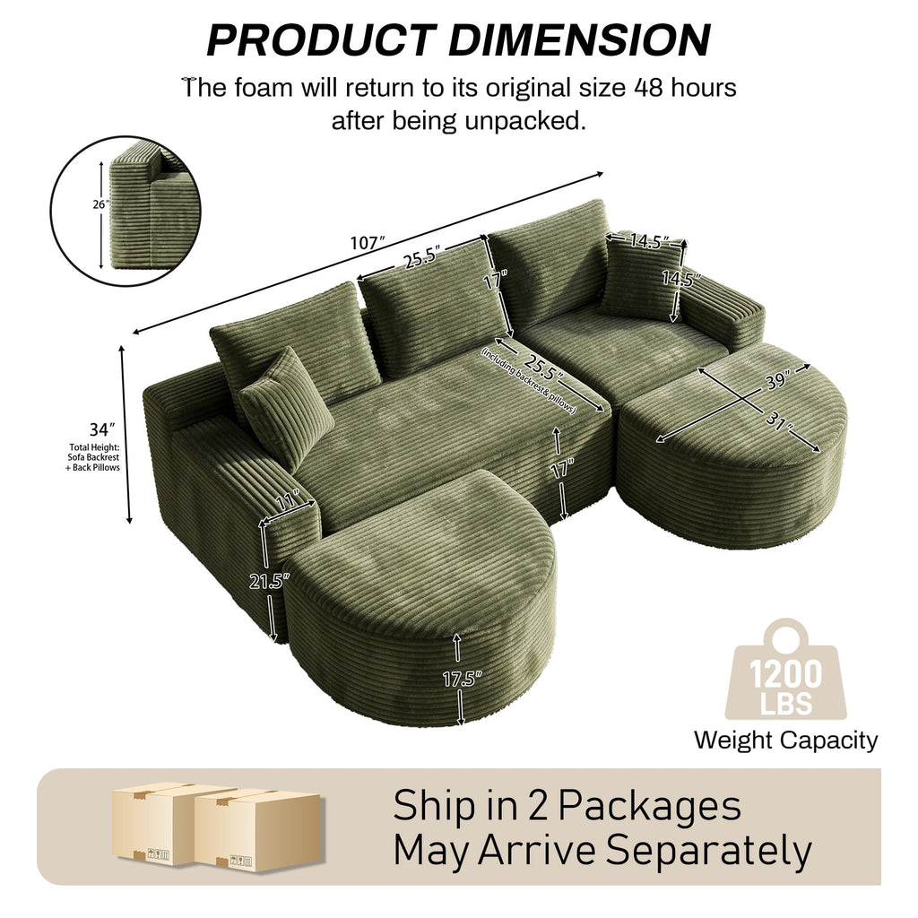 107" U Shaped Modular Boneless Sectional Sofa with 2 Curved Ottomans, Green