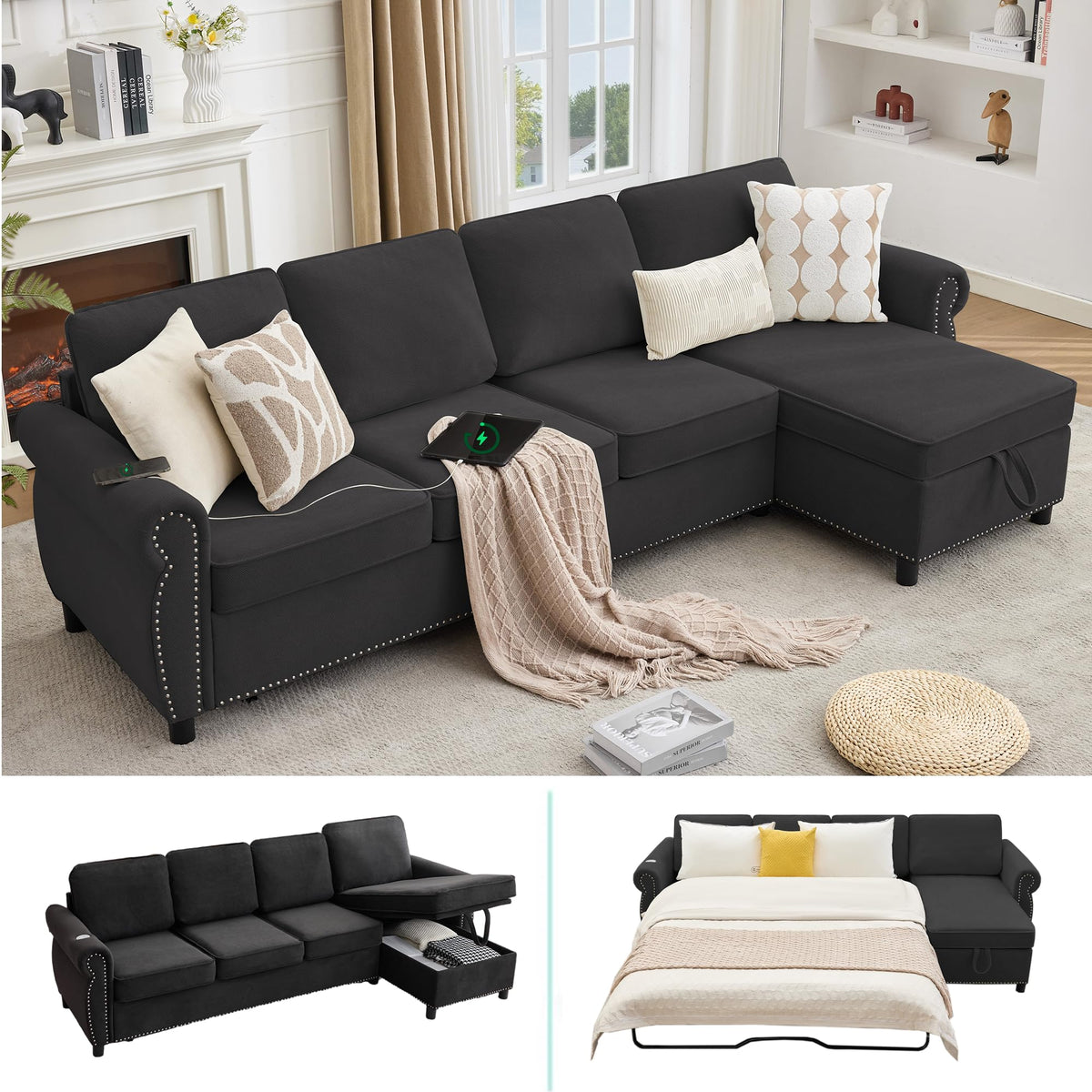 106.5" Convertible Sleeper Sofa Bed with Pull Out Couch, Dark Grey L Shaped Couch with Storage Chaise & Memory Mattress, Modular Sectional Couches with Wireless Charging & USB for Living Room