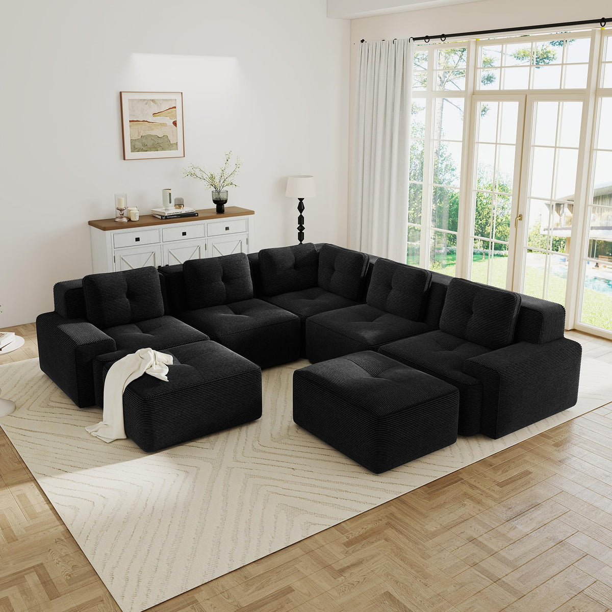 115.3” Camel Boneless Couches for Living Room, Modular Sectional Sofa with L-Shape Chaise, 3 Seater Comfy Upholstered Deep Seat Corduroy Fabric Cloud Couch No Assembly, Anti-Slip Design