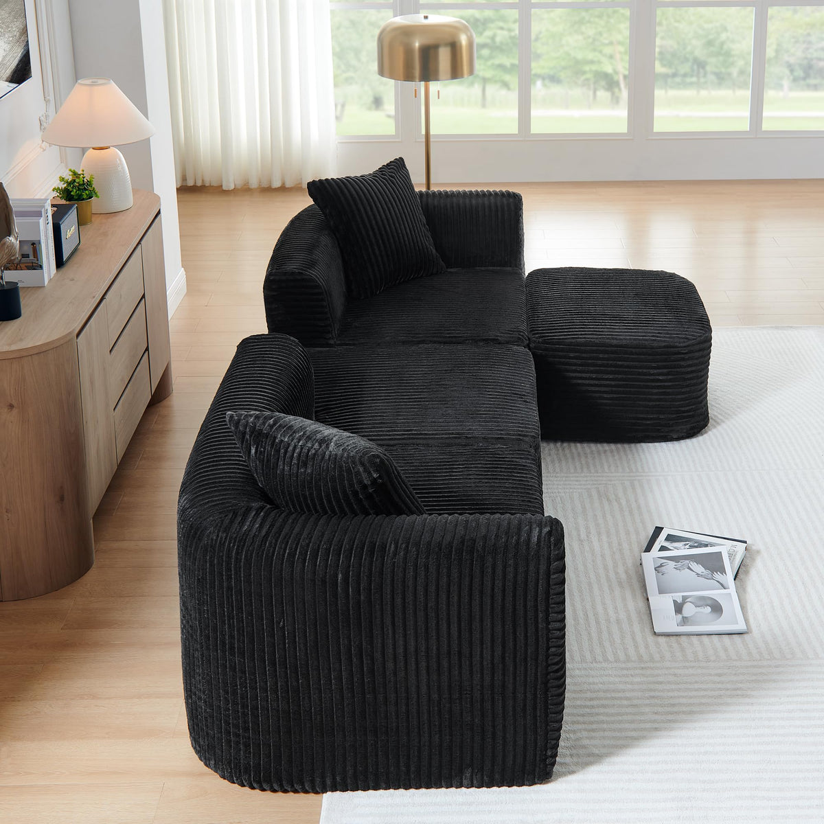 114" Cloud Sectional Couch with L Shape Chaise, Modular Sofa with Movable Ottoman, Upholstered Couches for Living Room Bedroom, No Assembly Required, Black