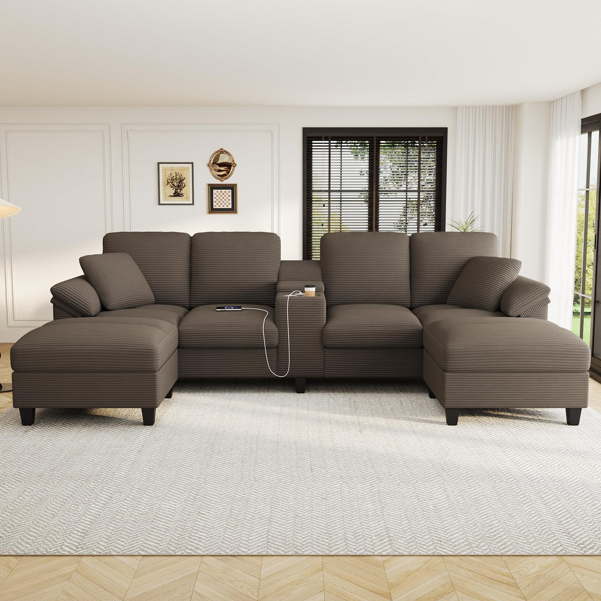 119*67" U Shaped Sectional Sofa,6 Seat Chenille Corner Couch Set with Oversized Chaise Lounge,Irregular Corner, Deep and Wide Seat Comfy Sofa with Cup Holders for Living Room,Apartment (Beige-V33)