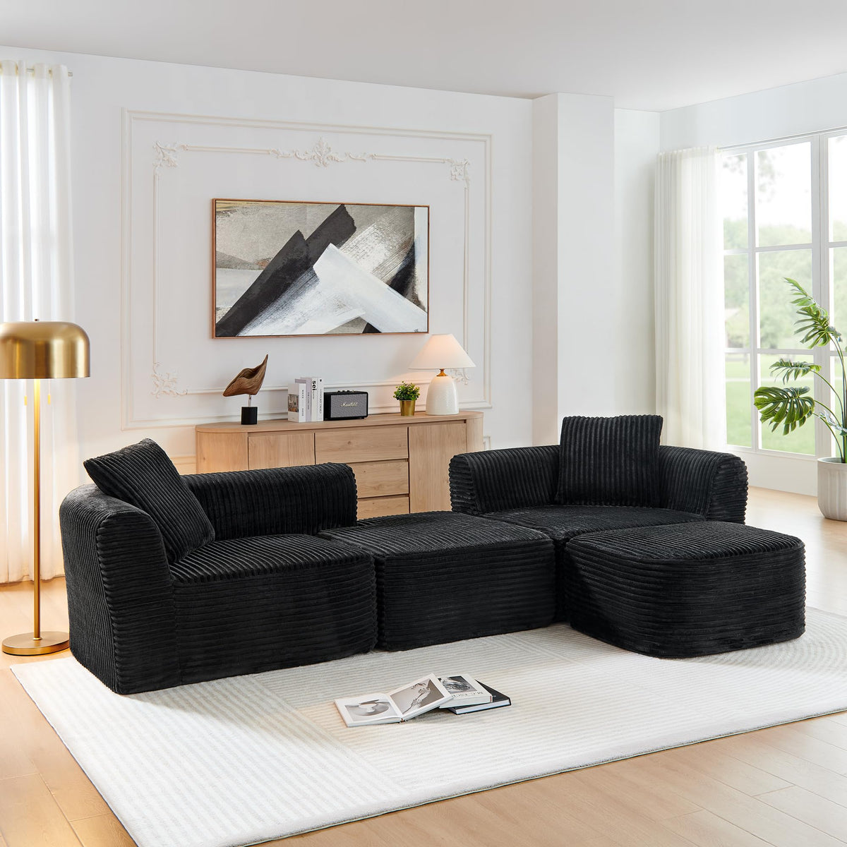 114" Cloud Sectional Couch with L Shape Chaise, Modular Sofa with Movable Ottoman, Upholstered Couches for Living Room Bedroom, No Assembly Required, Black