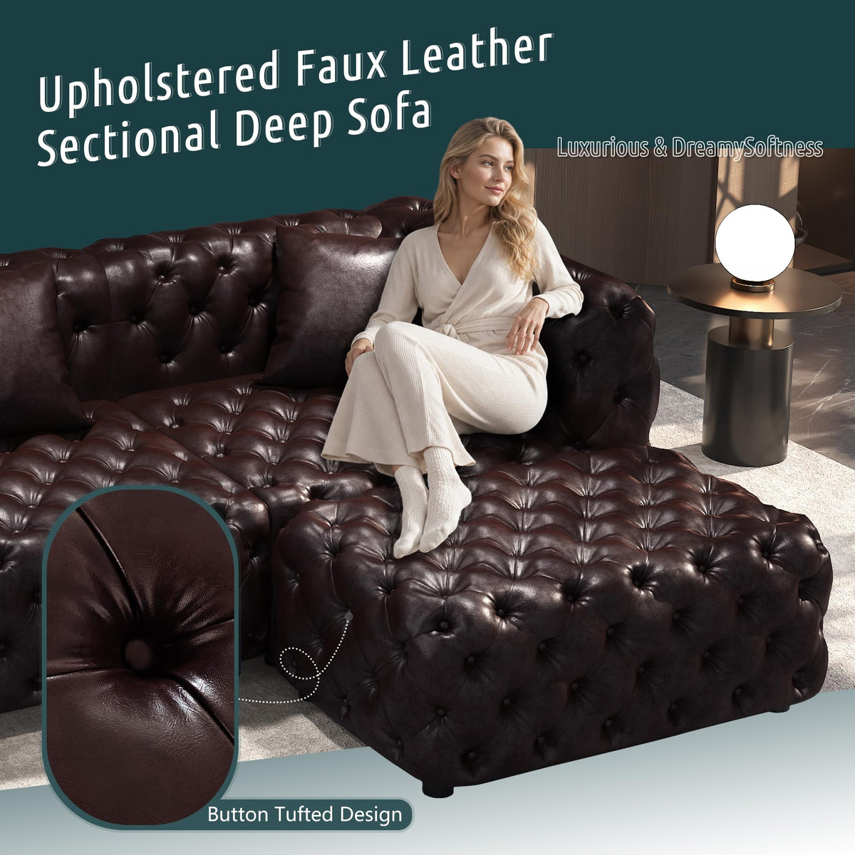 106" L Shaped Faux Leather Couch, Chesterfield Sofa Set-Dark Brown