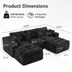 108.08" Boneless Sectional Couch, Modern U Shaped Modular Sectional Sofa Corduroy Upholstered for Living Room Oversized Deep Seat Cloud Couch with 2 Ottoman, No Assembly, Black