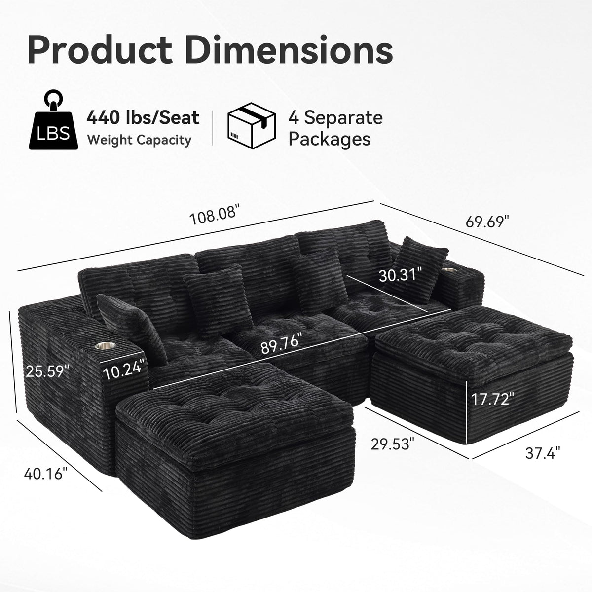 108.08" Boneless Sectional Couch, Modern U Shaped Modular Sectional Sofa Corduroy Upholstered for Living Room Oversized Deep Seat Cloud Couch with 2 Ottoman, No Assembly, Black
