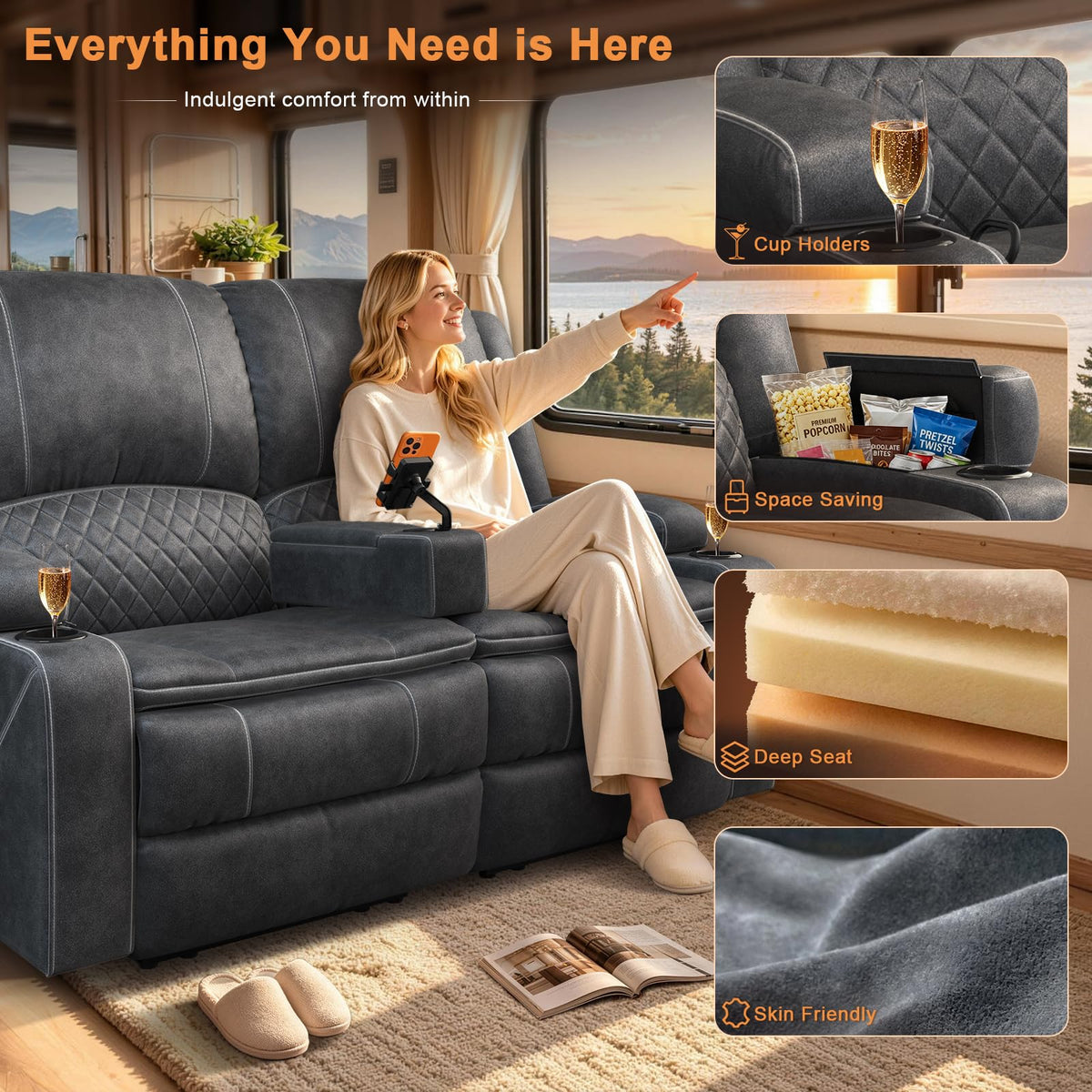 Yolsali Loveseat Recliner Sofa, RV Loveseat Wall Hugger (Velvet,Grey)