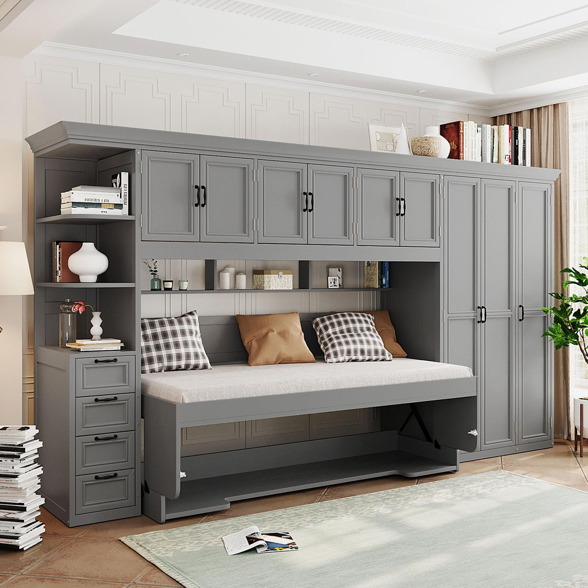 Twin Size Murphy Bed with Open Shelving, Sofa Front and Printed Panel