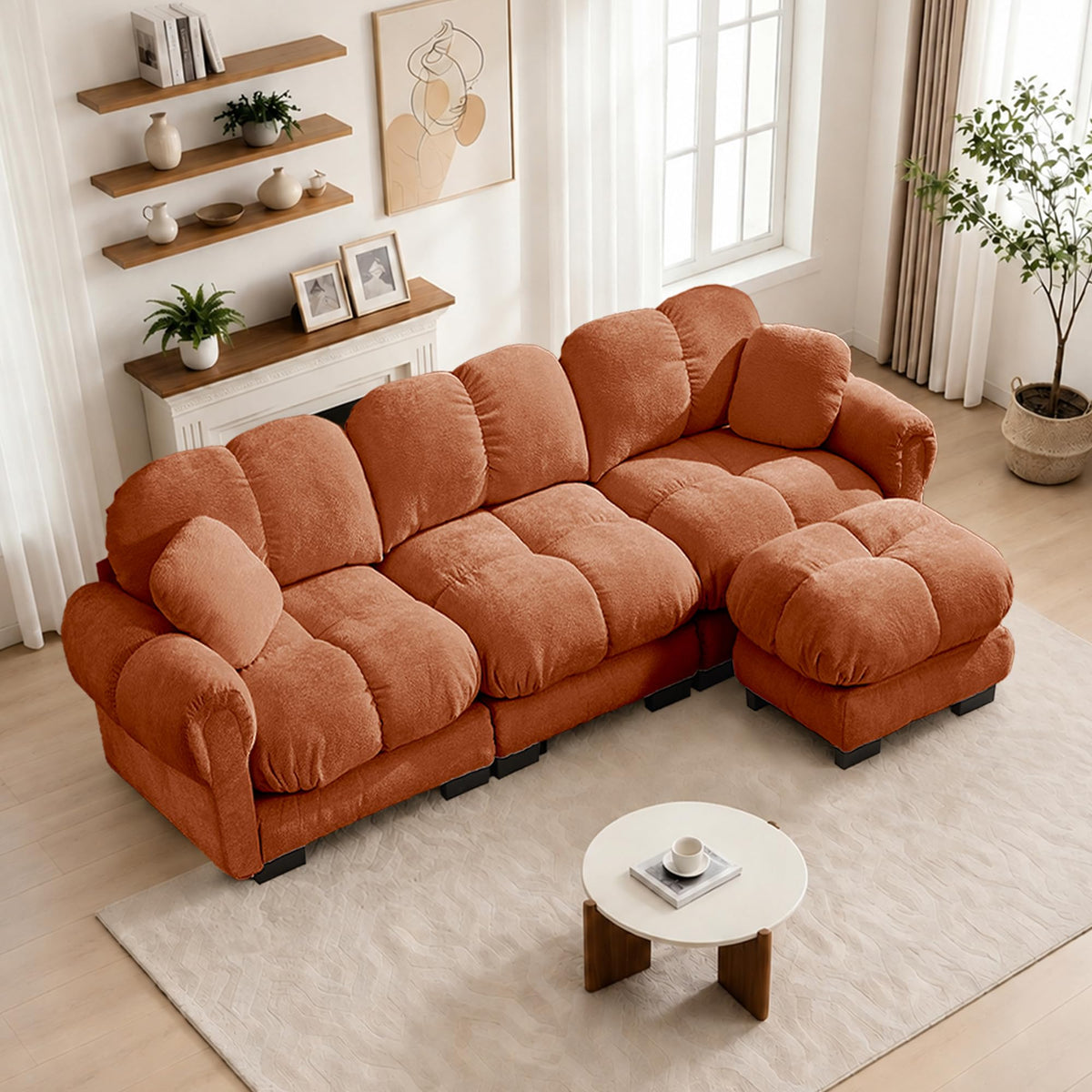 103.9" Modular Cloud Couch, Oversize U-Shaped Sectional Sofa with Ottoman, Deep Seat Chenille Couch, Anti-Slip Design, Modern 3-Seater Sofa for Living Room/Apartment/Bedroom, Brown