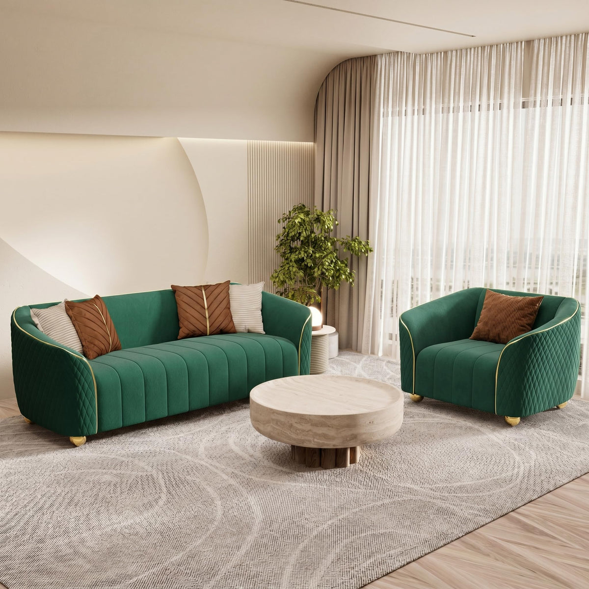 1-Piece Luxury Velvet Sofa Set for Living Room, Elegant Design Couch Set with Curved Armrests and Gold Edge Trim, Tufted Upholstered Couch with Gold Metal Legs (Green, 3 Seater)