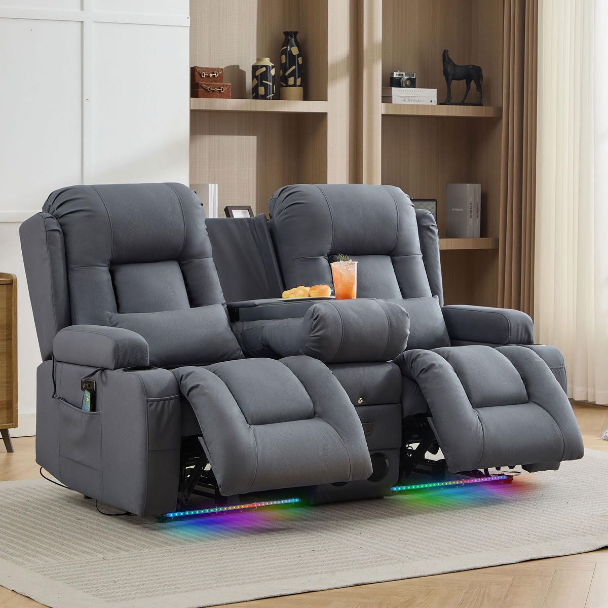 TUNYI Wall Hugger Loveseat Recliner Sofa with Console, Power Reclining Loveseat RV Couch with Massage & Heat/USB/Outlet/Storage/LED Light/Speaker (Blue, 2 Seat with Console)