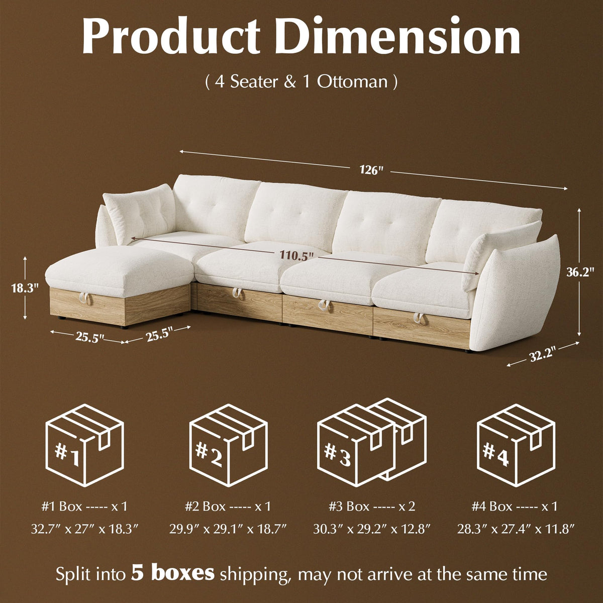 134" L Shaped Cloud Couch Sectional Modular Sofa with Storage, Modular Deep Seat Couch Oversized Sofa with Ottoman, Armrest Pillow, Easy Assembly for Living Room, Apartment, Office, Ivory
