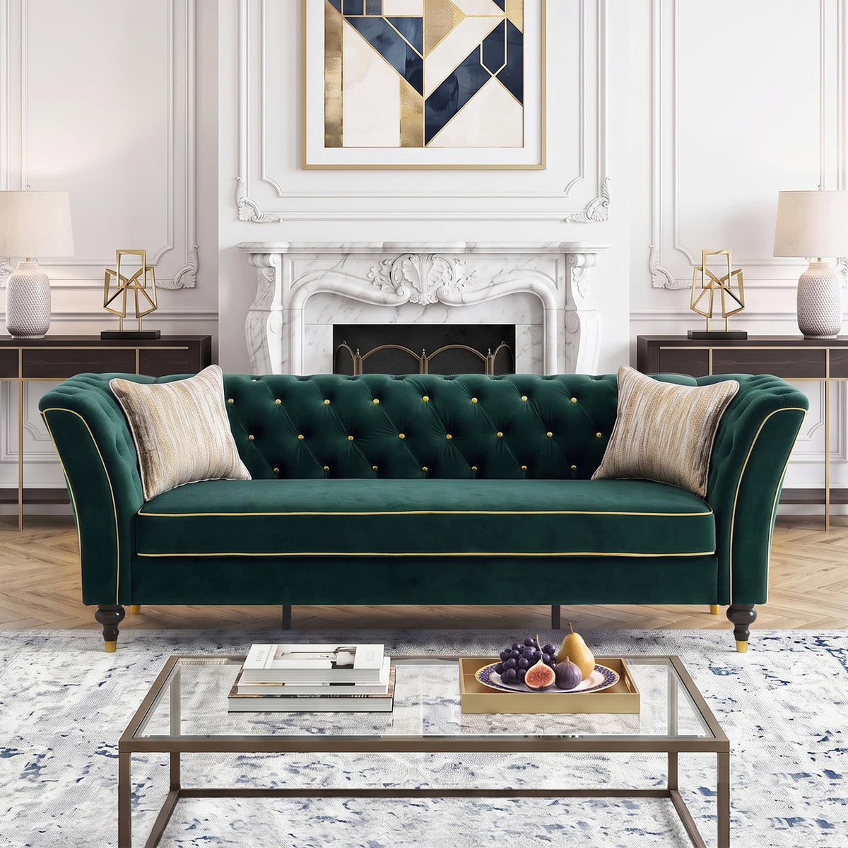 Yogald 89.5” Chesterfield Sofa 3-Seater Couch with Tufted Back, Reteo Green