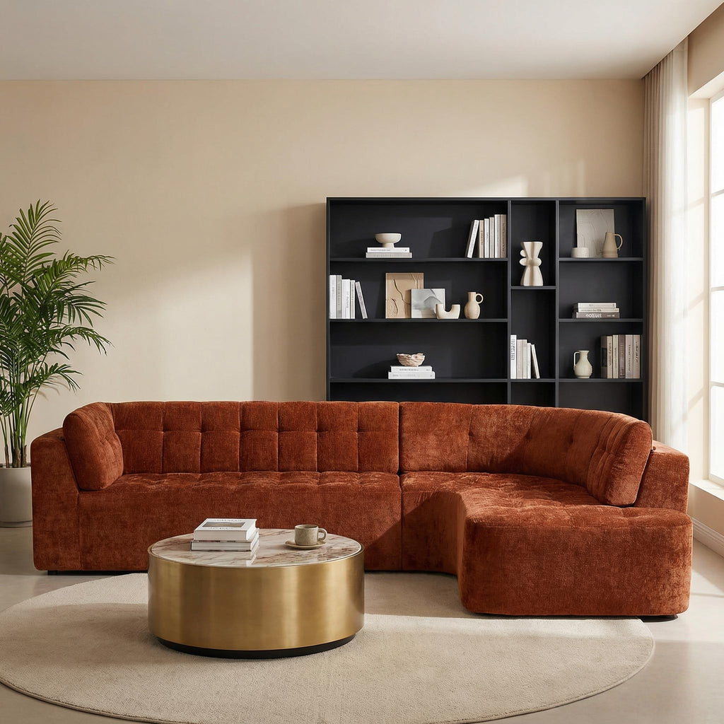 119'' Sectional Sofa, Curved L-Style Right-Hand Facing Couch with Fully Upholstered Arms, Tufted Design, Modern Minimalist Look, Dark Orange