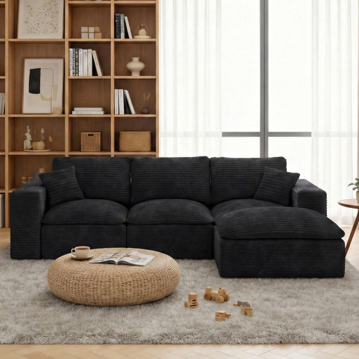 108" Cloud Sectional Sofa, L-Shape Modular Couch with Chaise & Ottoman, Corduroy Fabric, Oversized Deep Seat Sofa, Interchangeable Sections for Living Room or Offices