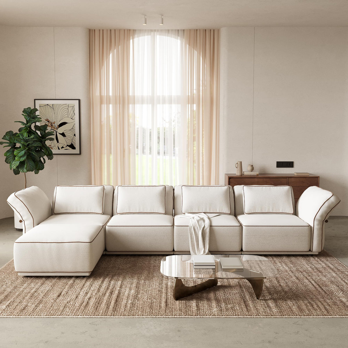 128.3" Modular Boucle Sofa with Ottoman, 3-Seat Sectional Couch, Beige