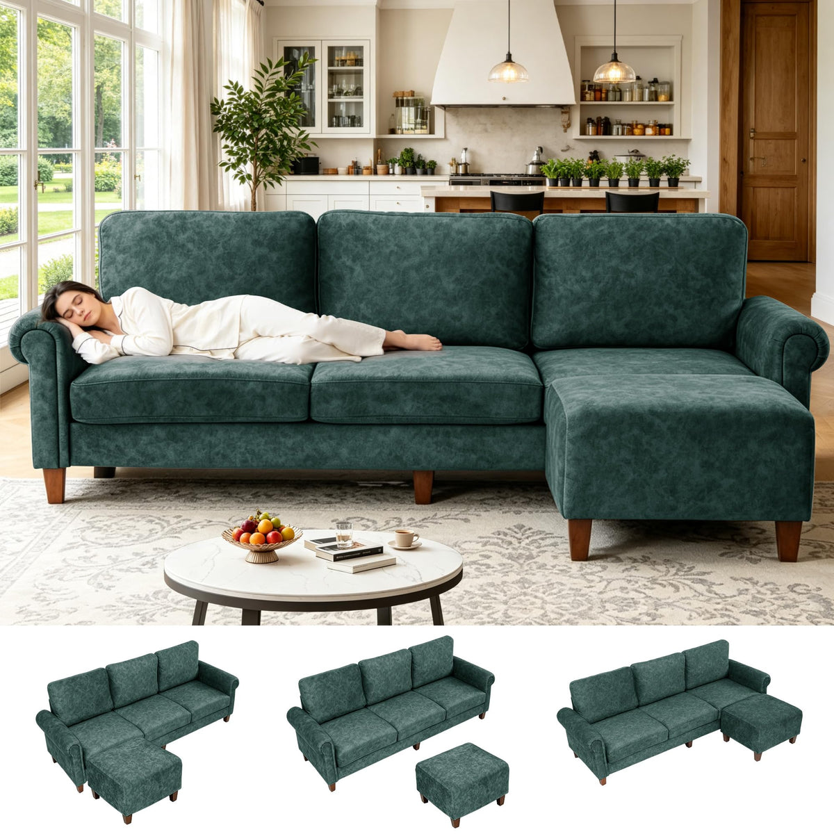 100" Modular Sectional Sofa, L-Shaped Velvet Couch for Small Spaces
