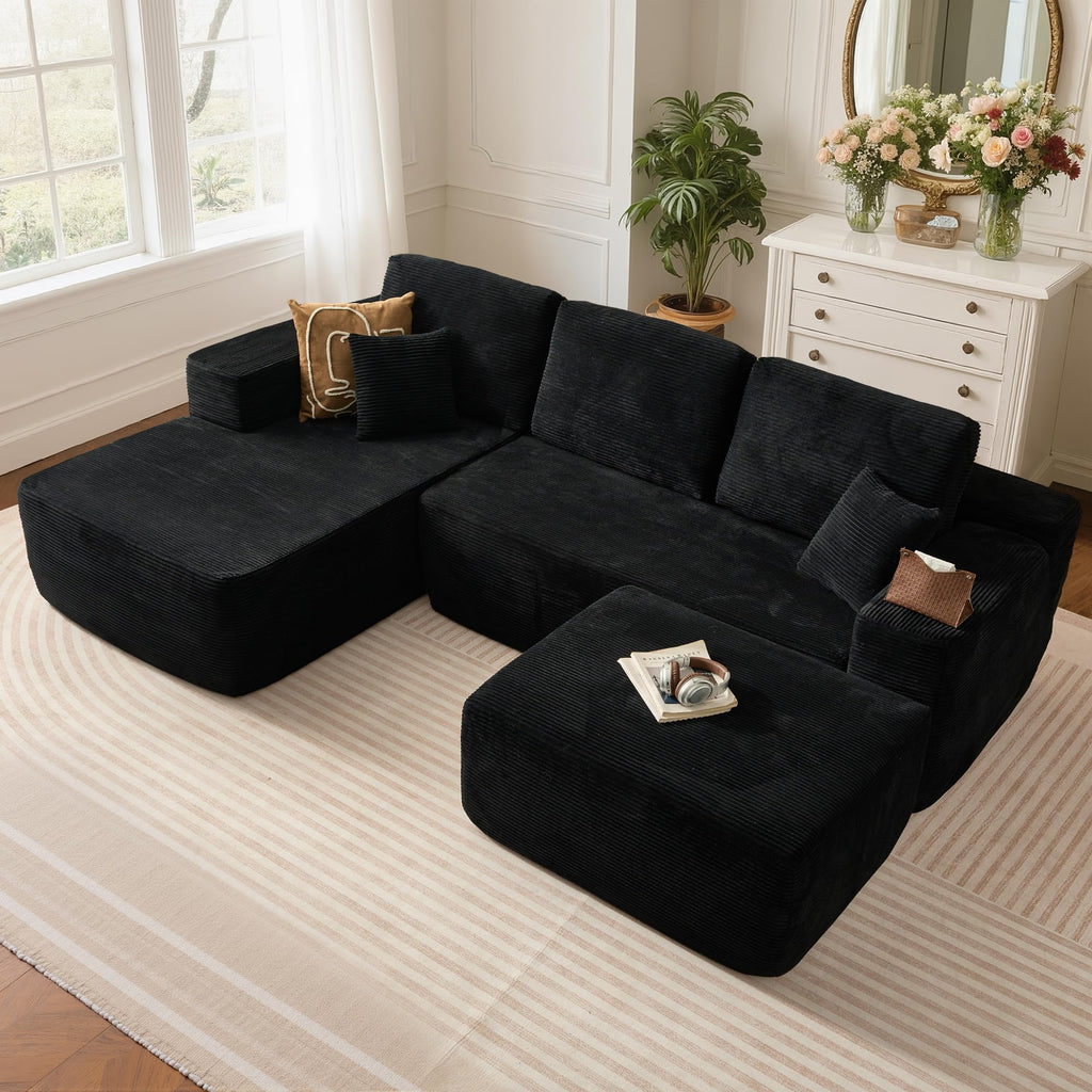 104" L-Shape Modular Sectional Sofa Couch,Comfy Upholstered Cloud Couch for Living Room,Modern Minimalist Couches,Deep Seat,No Assembly Required (Black,Plush Corduroy, Right Facing Chaise w/Ottoman)