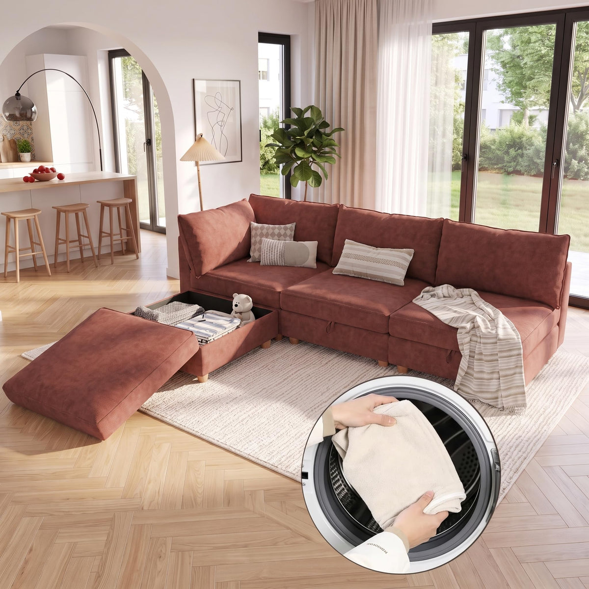 128'' Modular Sectional Sofa with Storage & Washable Covers, Convertible U/L Shaped Couch with Ottoman, 8-Seat Chenille Sectional Sleeper Sofa, Modular Sectional Sofas for Living Room,Orange