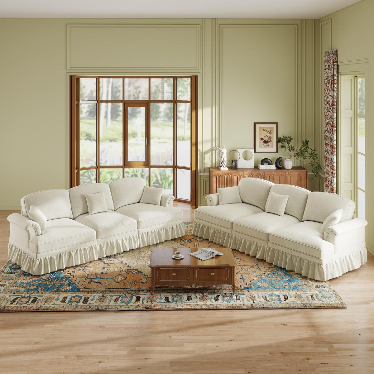 107'' Modern Sectional Sofa, Upholstered U-Shaped Couch with Removable Ruffles Pleats Skirts, Silver Chenille Cloud Couch, Ottoman, Flared Arms, 4-Seat Couches for Living Room, Bedroom, Camel
