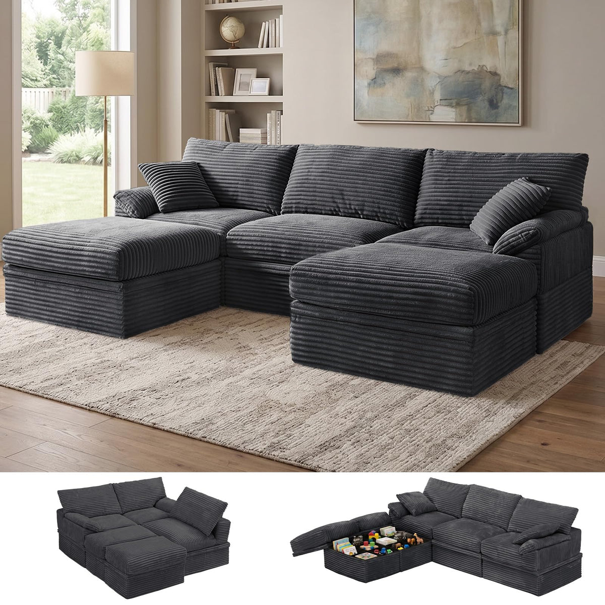 107'' Modular Sectional Sofa with Storage, L-Shaped Boneless Couch