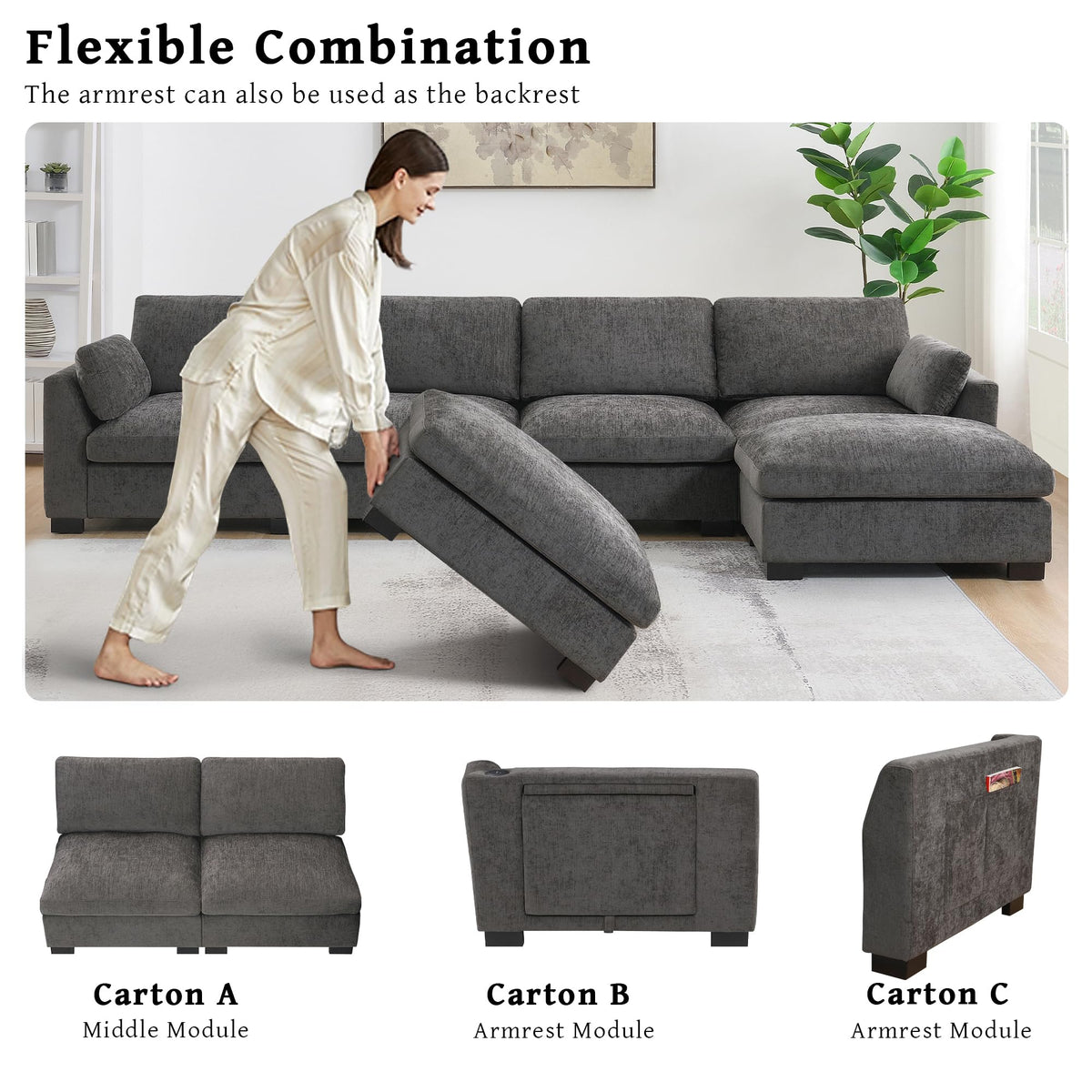 130" Modular Sectional Sofa, Oversized L-Shape Couch, Modern Comfy Chenille Sofa with Folding Table and Dual-Port Charging, Side Storage Pockets, 5 Seat Convertible Couches for Living Room (Charcoal)