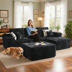 104" L-Shape Modular Sectional Sofa Couch,Comfy Upholstered Cloud Couch for Living Room,Modern Minimalist Couches,Deep Seat,No Assembly Required (Black,Plush Corduroy, Right Facing Chaise w/Ottoman)