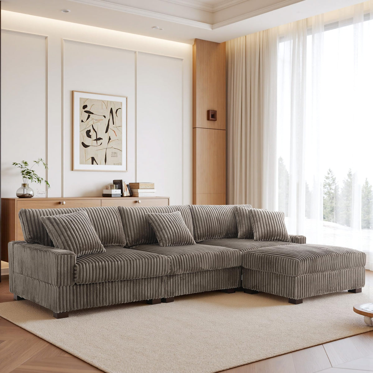 118.3" L-Shaped Modular Sectional Sofa with Chaise, Comfy Corduroy Fluffy Couch with Deep Seat, Flexible Module Combination for Living Room, Cotton Flannel Light Brown
