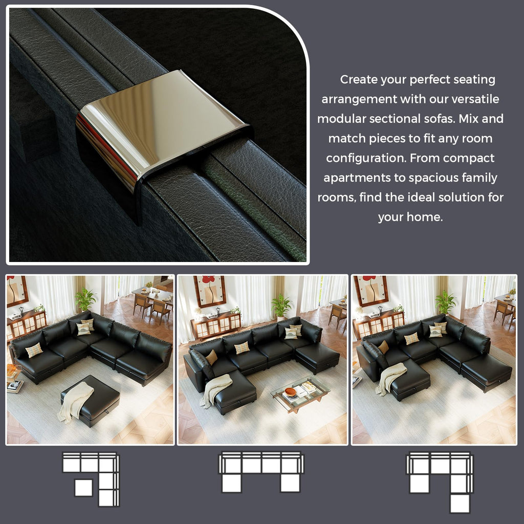 128" 6 Seat Modular Sectional Sofa, Convertible L & U Shaped Couch with Storage, Modern Leather Couch with Ottomans, Faux Leather Sectional Couches for Living Room, Office, Apartment, Black