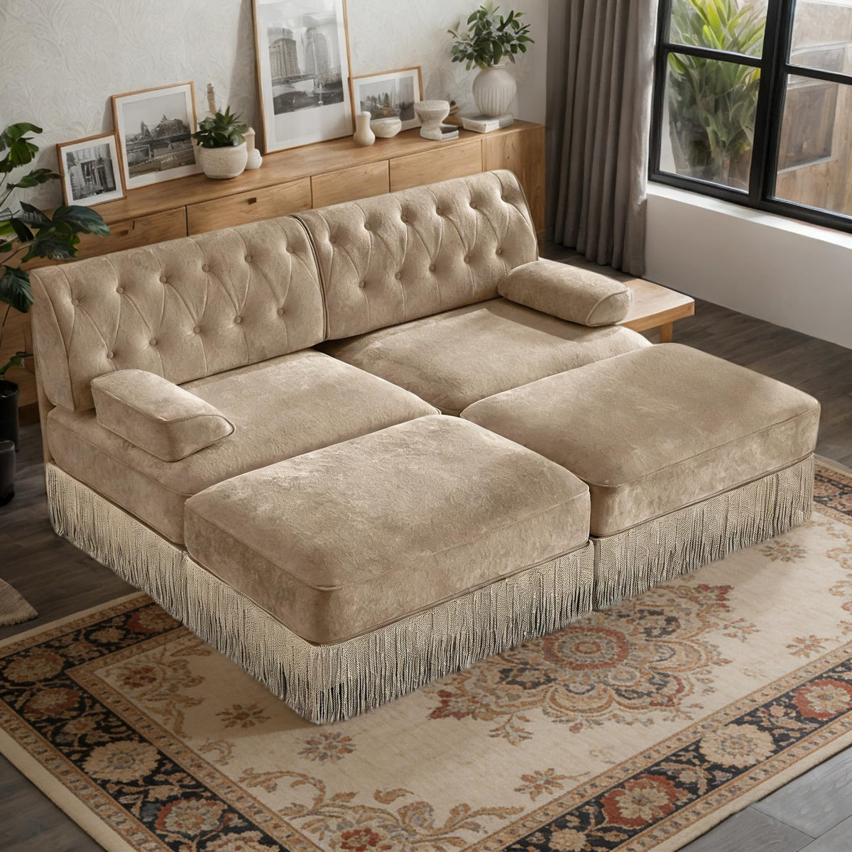 106'' Modern Chesterfield Style 3-Seater Sofa with 2 Ottoman, Upholstered Velvet Modular Sectional Sofa with Button Tufted, U Shape Deep Seat Cloud Sectional Couches for Living Room (Green)