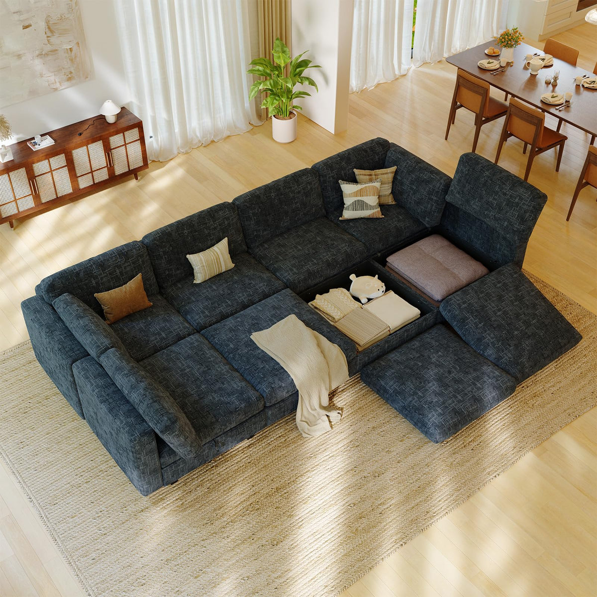 125" Chenille Modular Sectionals Sleeper Sofa Bed, Convertible L/U Shaped Modular Sectional Couch with Storage, 10 Seat Modern Cloud Couch Bed with Ottomans, Sectional Couches for Living Room, Grey