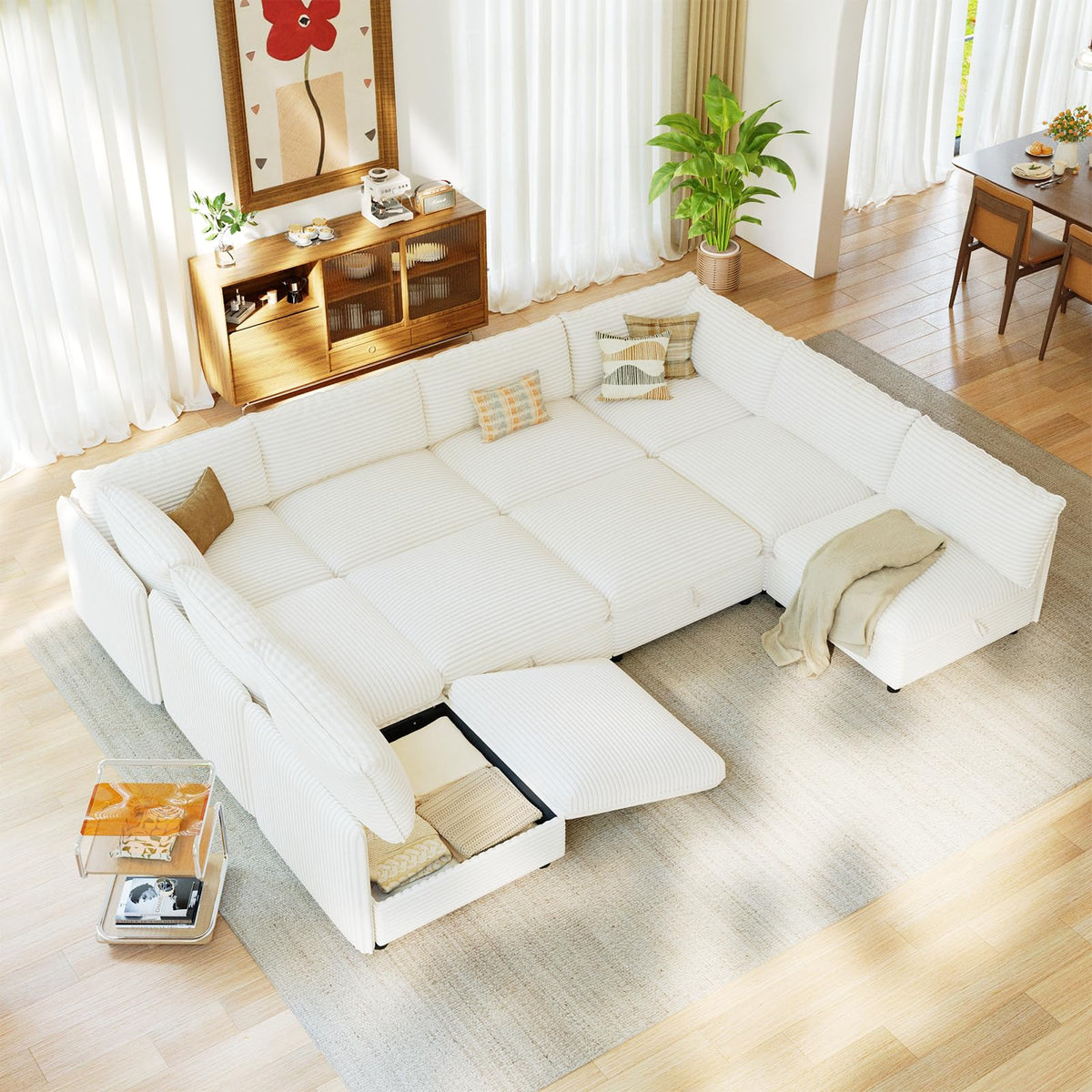 10 Seat Oversized Modular Sectional Couch Bed with Hidden Storage and Movable Ottomans Corduroy Upholstered Deep Seat for Sectional Couches for Living Room Bedroom, Blue