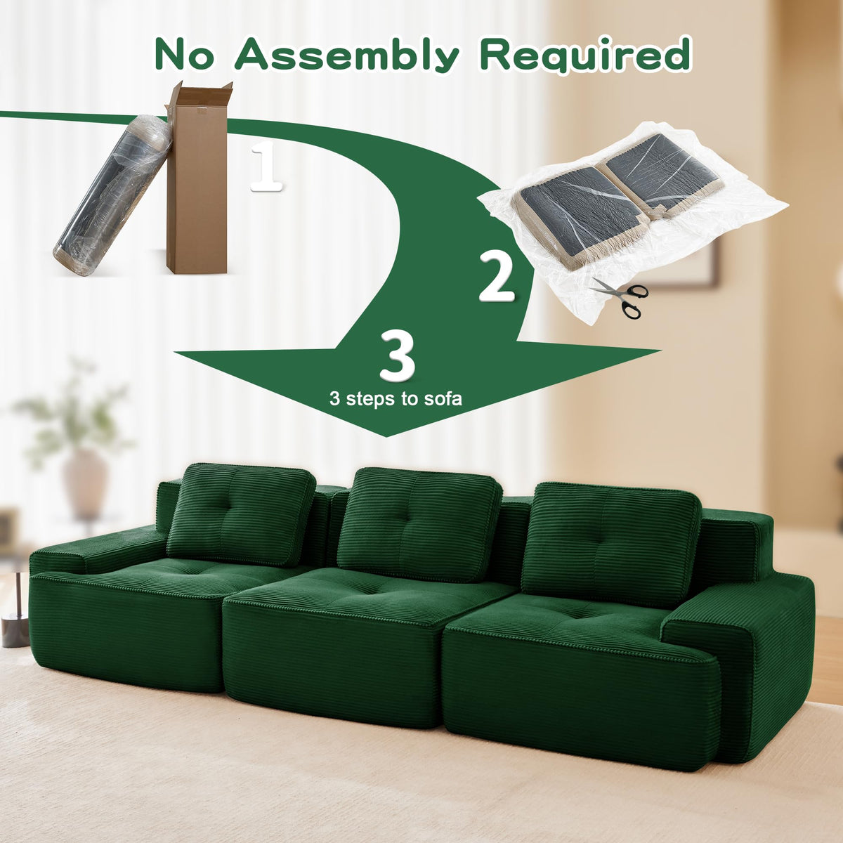 Tidyard 11? Modern Modular Sectional Sofa for Living Room, Corduroy Fabric 3-Seater Couch with Deep Seat, Tufted Design, No Assembly, Anti-Slip Base, Green