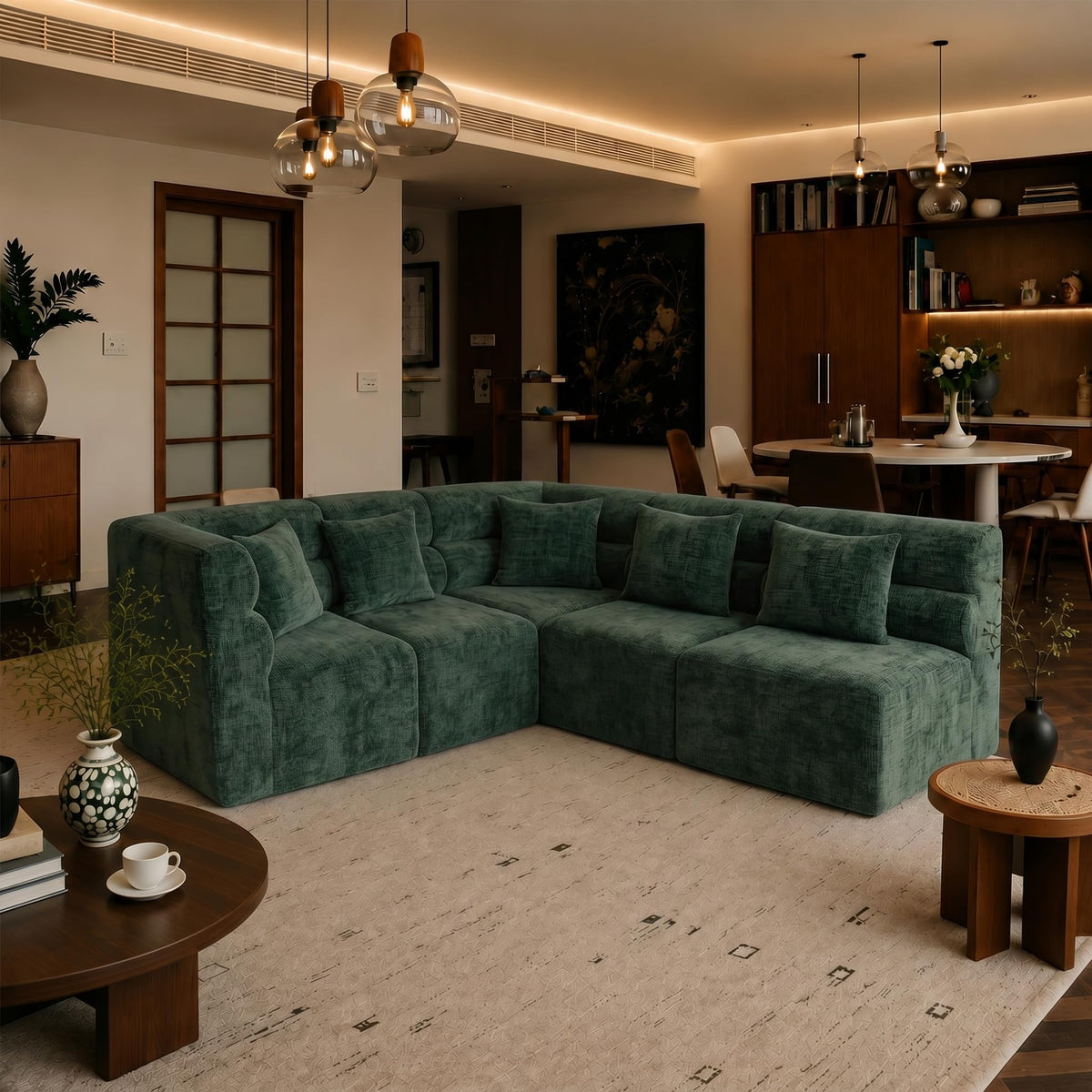 113.38" Modular Sectional Sofa, No Assembly Required Cloud Couch with Deep Seat & Chaise, Modern L-Shaped Boneless Sofa in a Box for Living Room, Apartment, Deep Turquoise Green