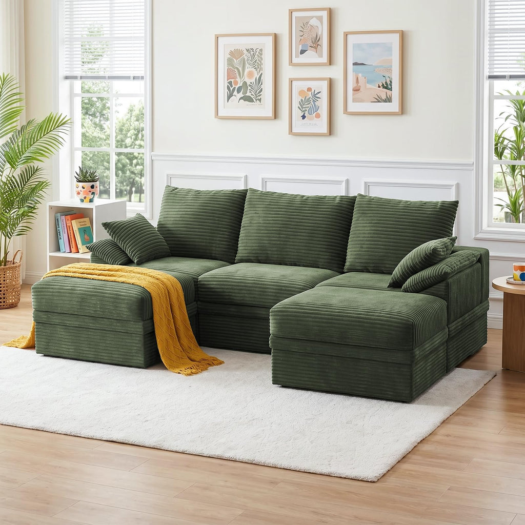 107" Modular Sectional Sofa Boneless Couch with Storage,U-Shape 3 Seat Comfy Modern Cloud Couch Sofa with Ottoman, 27" Deep Seat Corduroy Sofa for Living Room, Tool-Free Assembly - Green