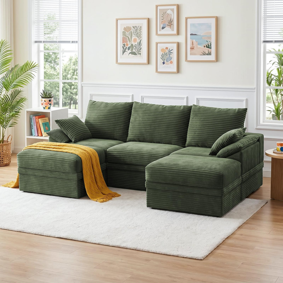 107" Modular Sectional Sofa Boneless Couch with Storage,U-Shape 3 Seat Comfy Modern Cloud Couch Sofa with Ottoman, 27" Deep Seat Corduroy Sofa for Living Room, Tool-Free Assembly - Green