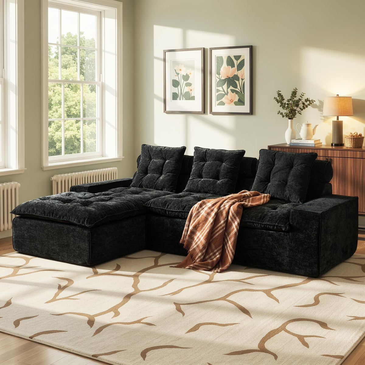 106" Cloud Sectional Couch with L-Shape Chaise & Ottoman, No Assembly Modular Sofa, Deep Seat Plush Corduroy Boneless Couched for Living Room (Black Plush Corduroy, L Shape with Ottoman-Left Facing)