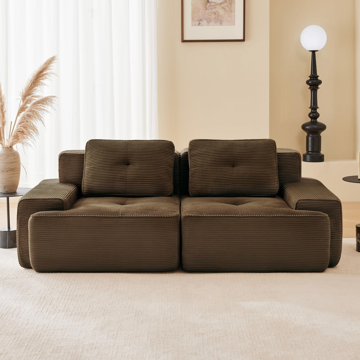 115.3” Camel Boneless Couches for Living Room, Modular Sectional Sofa with L-Shape Chaise, 3 Seater Comfy Upholstered Deep Seat Corduroy Fabric Cloud Couch No Assembly, Anti-Slip Design