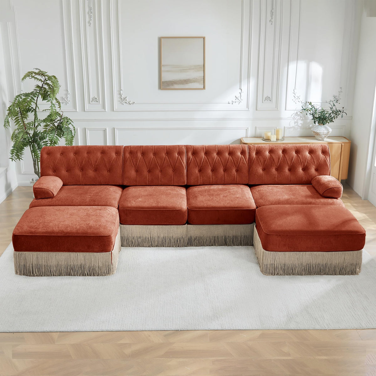 Velvet Modular Sectional Sofa, 135.6 Inch Chesterfield Style, Camel