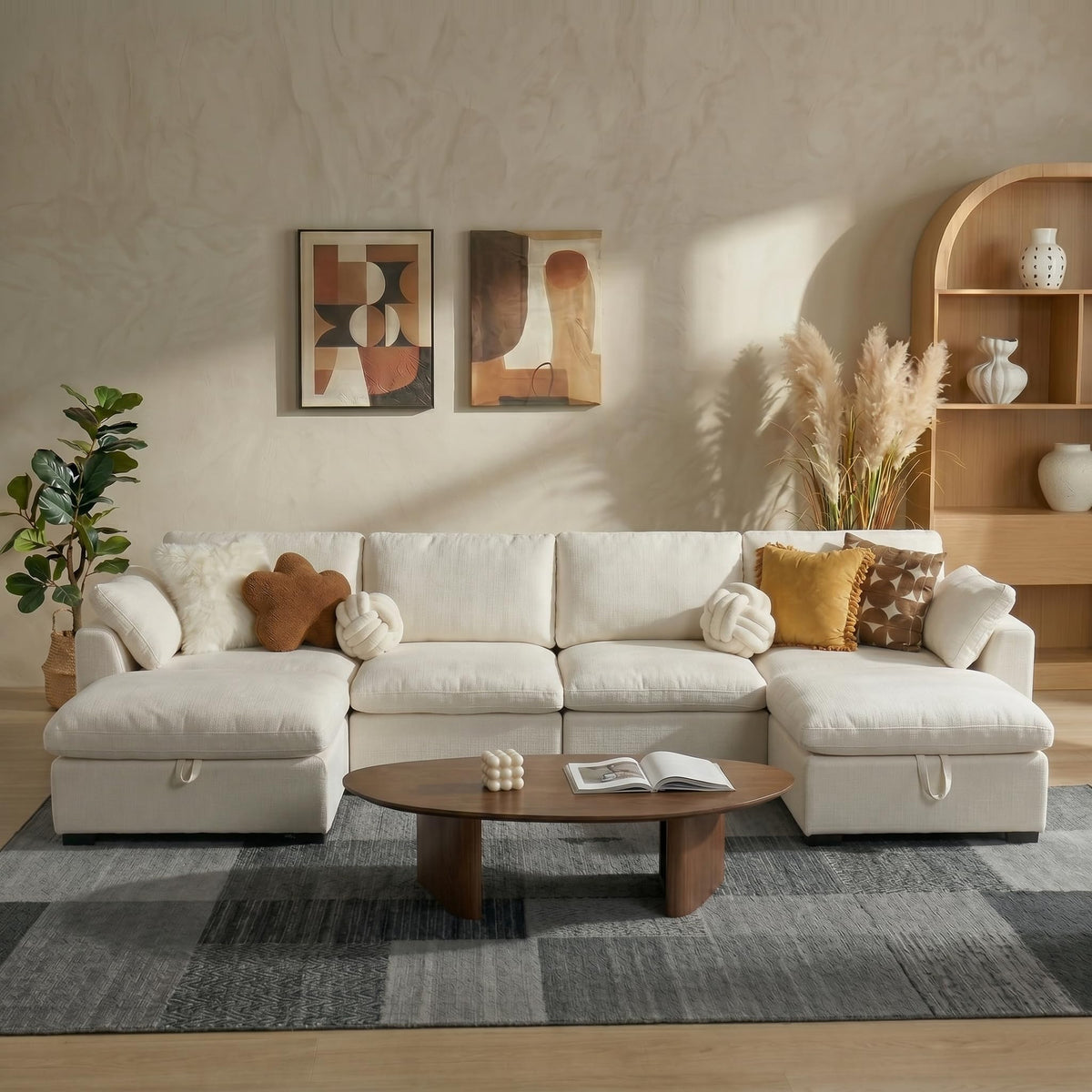 WEUP 160" Oversized Cloud Modular Sectional Sofa for Living Room, U Shaped Cloud Couch with Storage Ottoman, Down-Filled Wide Deep Seat, Solid Wood Frame, Tool Free Assembly, Beige