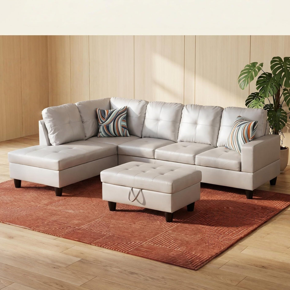 103.5" Sectional Couch with Movable Ottoman, L Shaped 4 Seater PU Faux Leather Sofa w/Chaise Lounge, Comfy Modern Modular Couch for Living Room, Apartment, White Stripes, Right, 3PCS