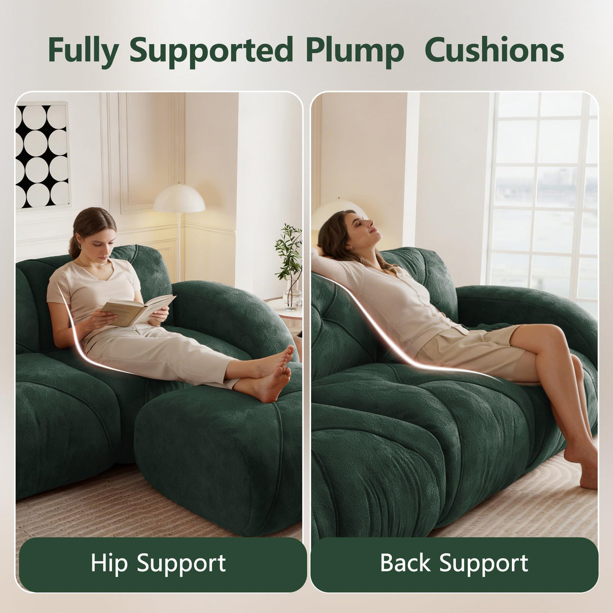 U-Shaped Sectional Sofa with 2 Movable Ottomans, 2-Seater Tufted Velvet Couch, Boneless Cloud Design, 32D High-Density Foam, No Assembly Required, Anti-Slip Bottom for Living Room Bedroom, Green