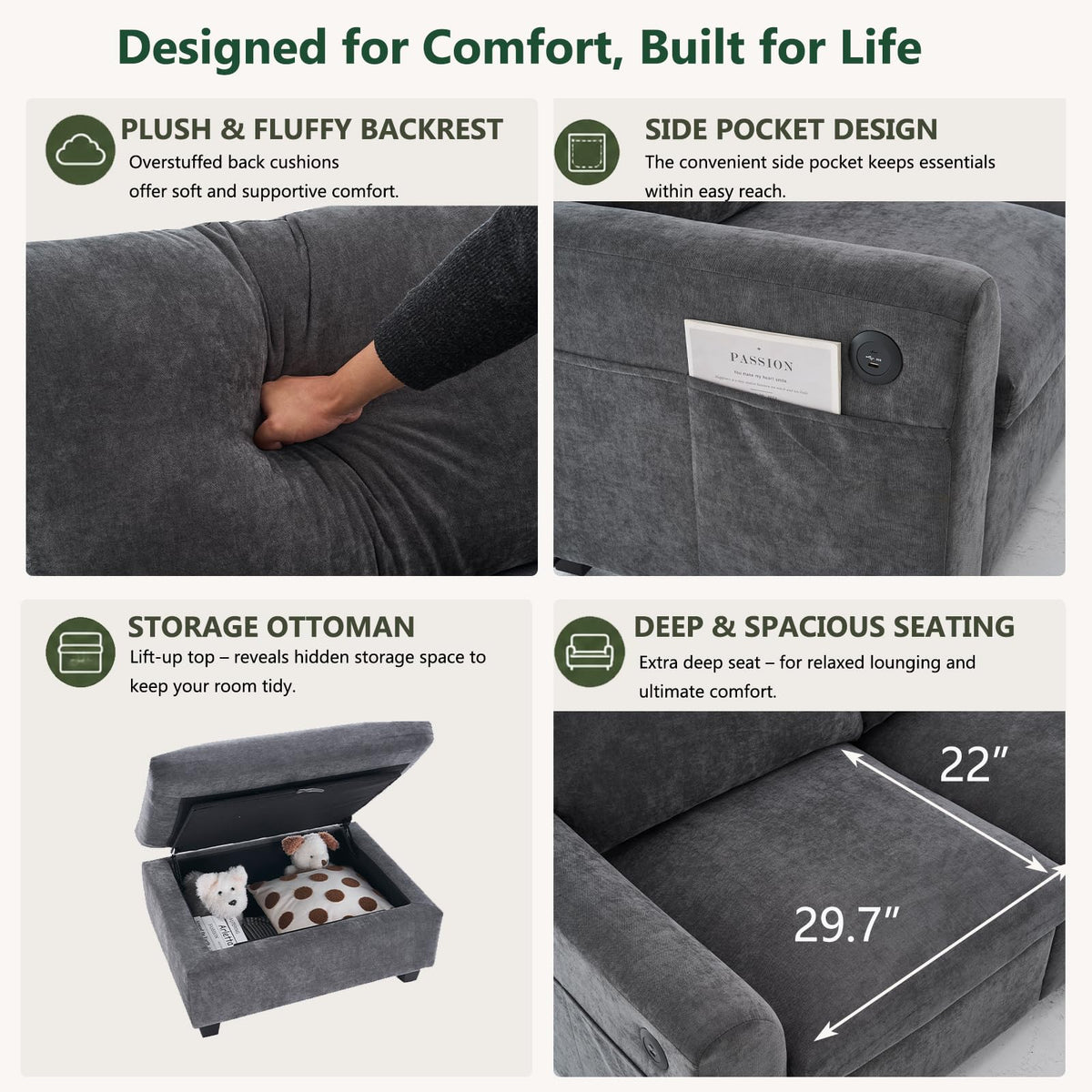 107.1" L-Shaped Modular Sectional Sofa with Storage Ottomans, 6-Seat Deep Seat Sofa with Armrest Storage, Cup Holders & USB Type-C Charging, Sectional Couches for Living Room (Grey)