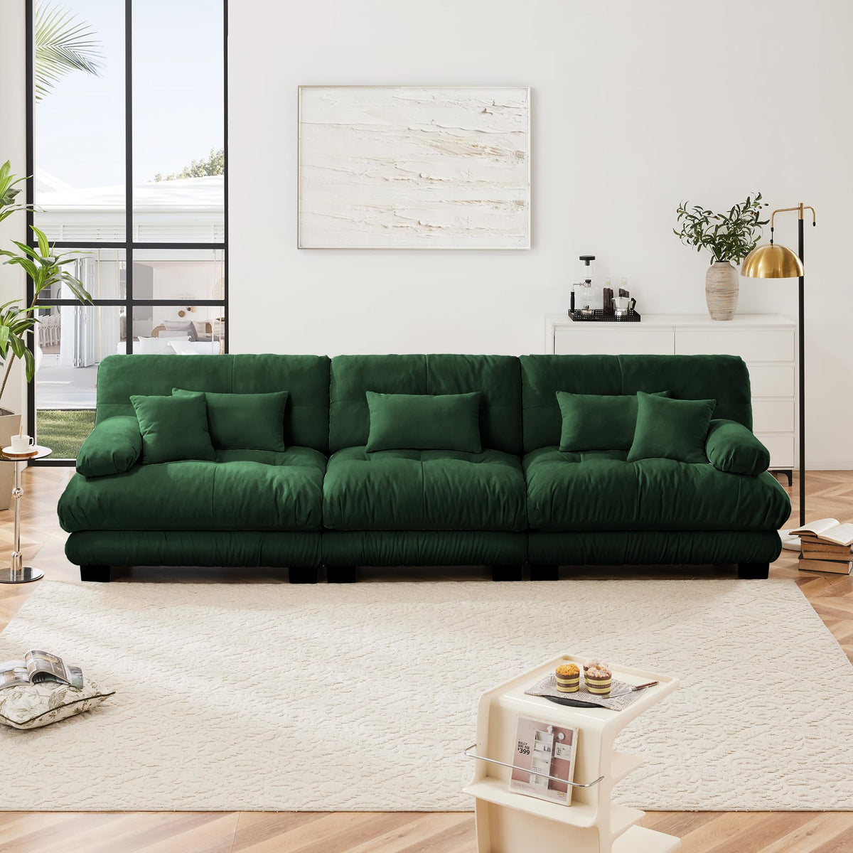 130" Modular Sectional Sofa,Velvet Upholstered Couches for Living Room,3 Seater Green Sofa Couch with Movable Ottoman,Big Comfy Loveseat Sofa with Deep Seats for Living Room,Apartment,Bedroom