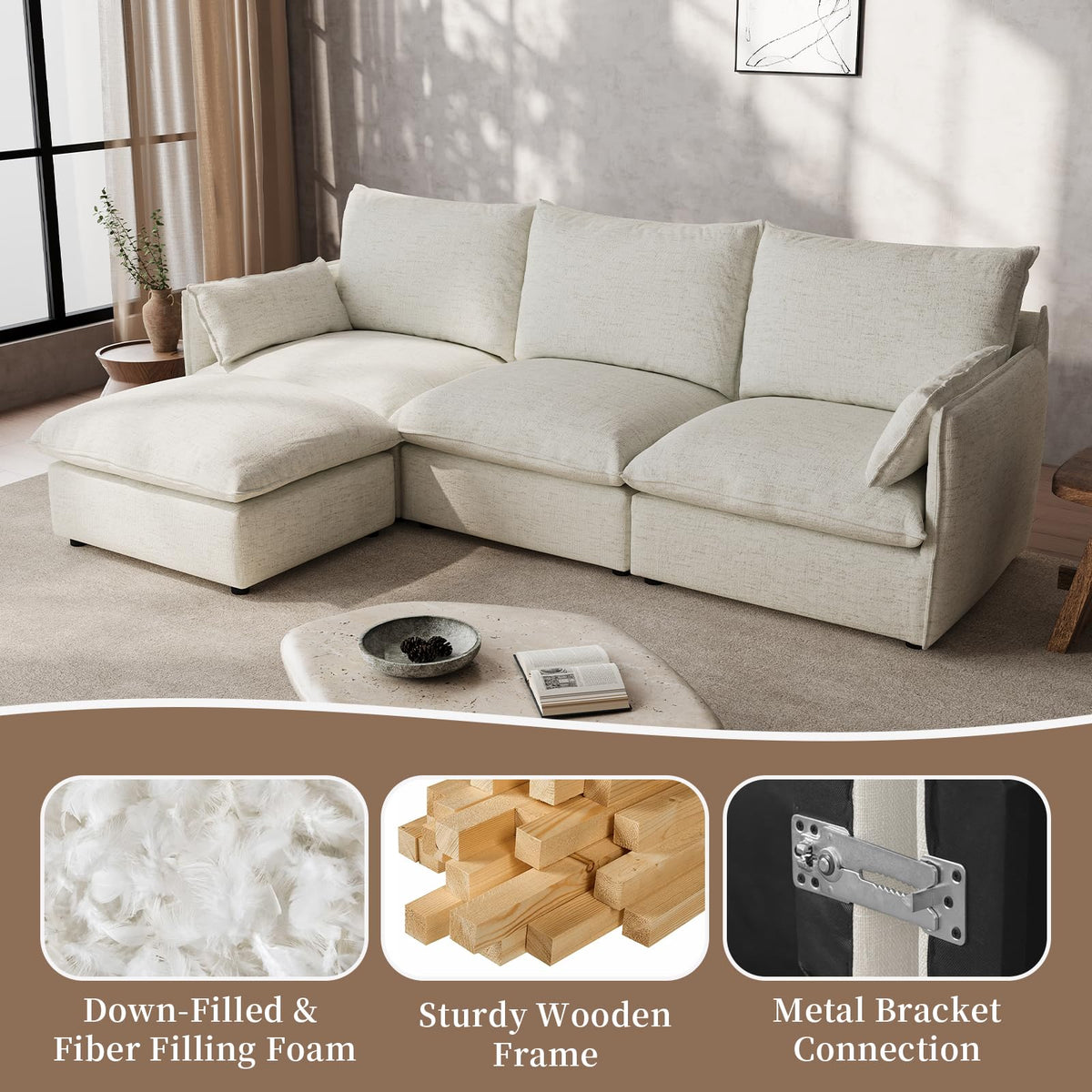 Waterproof Cloud Sectional Couches,High Backrest Down Filled Sofa for Living Room,94.5" Modular Sofas L-Shaped with Ottoman,Detachable Couch Covers,Cream White