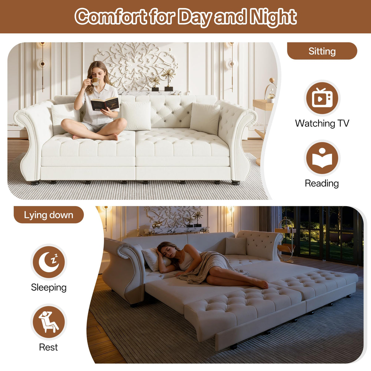 Velvet Pull-Out Sofa Bed, 3-in-1 Convertible Sleeper Sofa with Pillows, Button Tufted Chesterfield King Size Couch for Small Spaces & Apartments (Beige, 97.6")